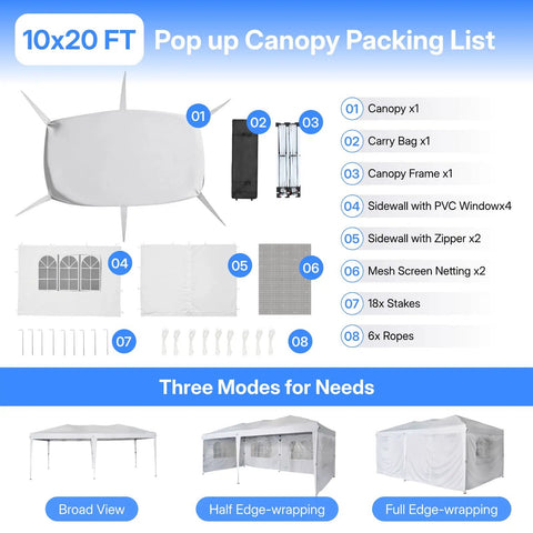 Packing list for 10x20 Ft Pop Up Canopy Tent With Six Sidewalls And Mosquito Netting, Heavy Duty Commercial Instant Outdoor Shelter