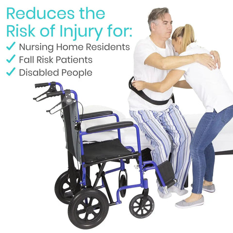 Caregiver using Gait Belt With 7 Padded Grab Handles for safe patient transfer next to wheelchair and bed.