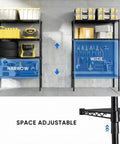 Professional Grade Badass Workhorse Four Tier Metal Wire Shelving Rack With All Weather Armor Coating showing adjustable narrow and wide storage options.