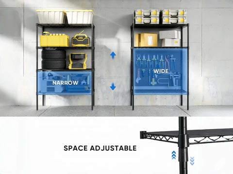 Professional Grade Badass Workhorse Four Tier Metal Wire Shelving Rack With All Weather Armor Coating showing adjustable narrow and wide storage options.