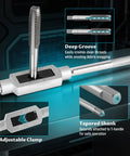 Close-up of Pro Grade Gear 110 Piece Tap And Die Set For Metric Threading M2 To M18 with adjustable clamp and taper shank visible