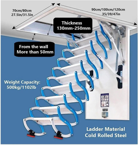 No Sweat Automatic Attic Pull Down Ladder With Rock Solid Telescopic Fold Design Heavy Duty Retractable Handrails And Remote Control For Quick Easy Loft Access 80X120 Cm, showing dimensions and material details.