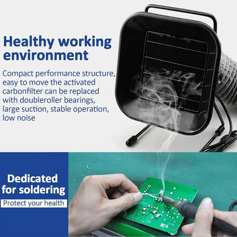 Portable Welding Fume Extractor With 50W Motor And 4600 RPM Low Noise Exhaust in use for DIY soldering with smoke pipe