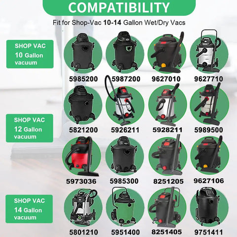 Grid showing compatible Shop-Vac models for Four Pack Pro Grade High Efficiency Disposable Vacuum Filter Bags For 10 To 14 Gallon Vacuums