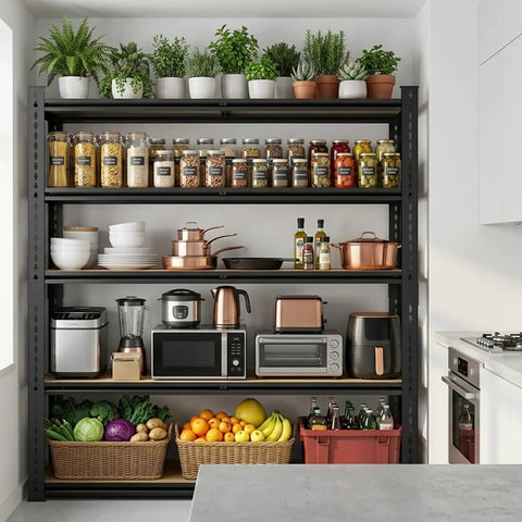 Beefy 5 Tier Garage Shelving System With Adjustable Spacing And 2000 Lbs Total Capacity 500 Lbs Per Shelf 72 Inch High 36 Inch Wide 16 Inch Deep Heavy Duty Storage For Tools Boxes And Gear. Black metal shelving in kitchen with jars, cookware, and appliances.