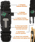 Black 5 In 1 Paracord Survival Bracelet With Compass Fire Starter Whistle Glass Breaker And Paracord
