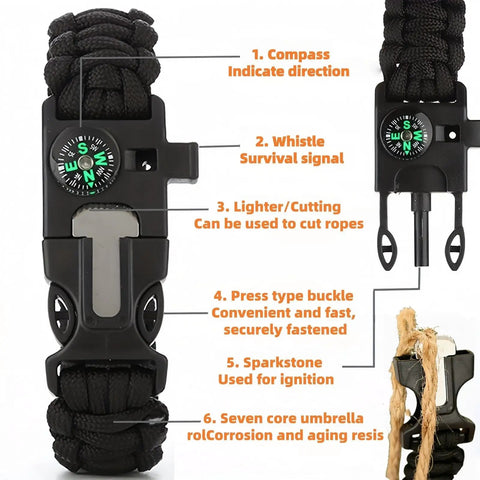Black 5 In 1 Paracord Survival Bracelet With Compass Fire Starter Whistle Glass Breaker And Paracord