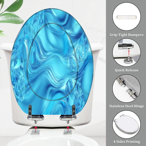 Toilet Seat Elongated Quiet Close for Bathroom with blue abstract design, quick release and stainless steel hinges.