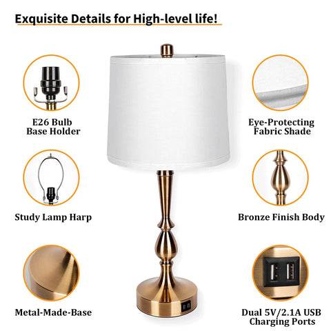 Dual USB Bedside Lamps With USB Ports And Outlets, Touch Control 3 Way Dimmable Lighting With White Lampshade, Mid Century End Table Lamps For Living Room Or Bedroom, Includes 2 LED Bulbs