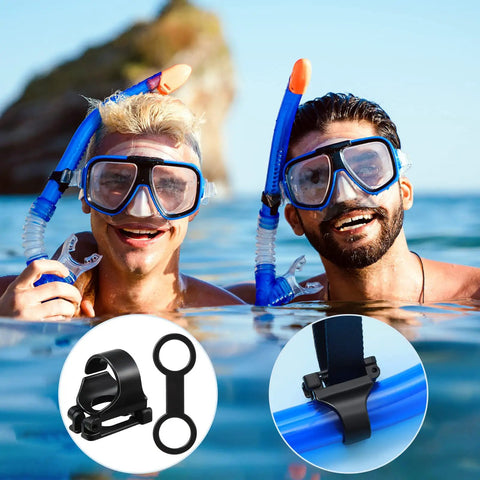 Two divers with blue snorkels using 16 Pack Universal Snorkel Clip And Silicone Keeper Set Plastic Snorkel Keeper Tube Holder