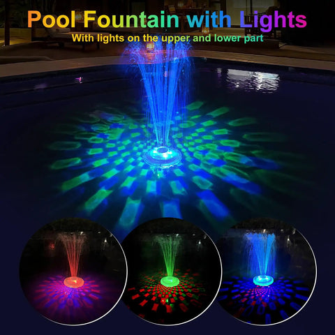 Floating Pool Fountain With Underwater Light Show And Anchor, Two Spray Modes, Colorful Night Water Display For Inground And Above Ground Pools, Durable Pump, Easy Setup, And Fun Pool Decor creating colorful light show in pool at night