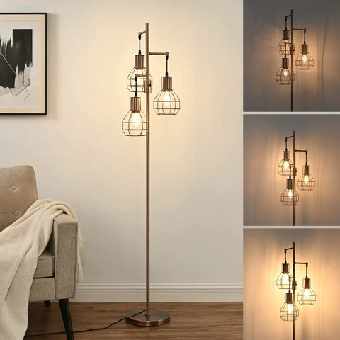 Industrial Dimmable Floor Lamp With 3 LED Bulbs Included, Rustic Tree Style Standing Lamp For Living Room Bedroom And Office, 65 Inch Tall, Stepless Dimmer Rotary Switch, Farmhouse Brown Vibe