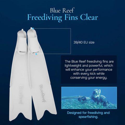 Freediving Fins With Full Foot Design For Secure, Comfortable Fit, Non Vented Blade Delivers Beefed Up Propulsion For Efficient Underwater Movement, Clear Finish For Snorkeling And Spearfishing, Size 39 To 40 displayed with packaging.