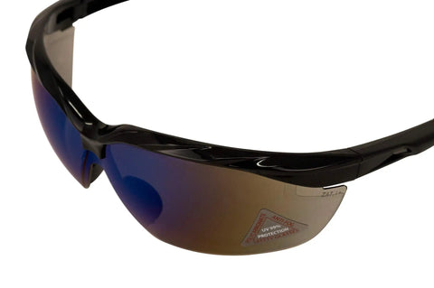 Blue Mirror Safety Glasses With UV Protection Anti Scratch And Anti Fog Coating Impact Resistant Windproof Eyewear For Outdoor Work Construction close-up side view
