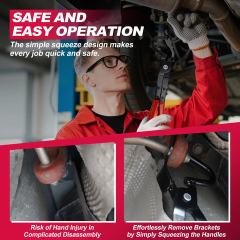 Exhaust hanger removal tool with red handles, side view in use under a car, 25° offset design