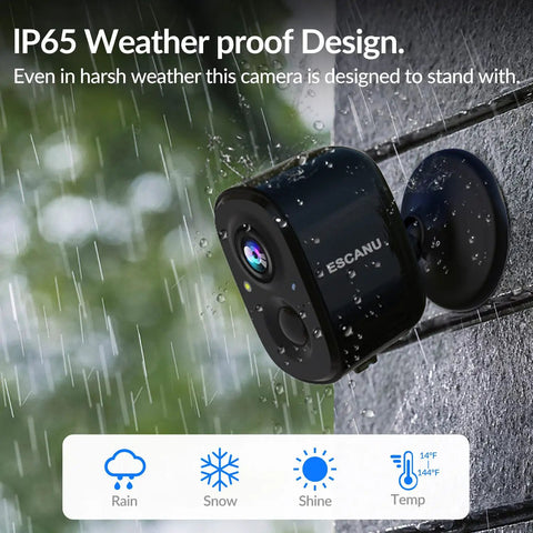 Wireless Outdoor Security Camera With Rechargeable Battery, WiFi AI Motion Detection, showing weatherproof design on a wall in rain