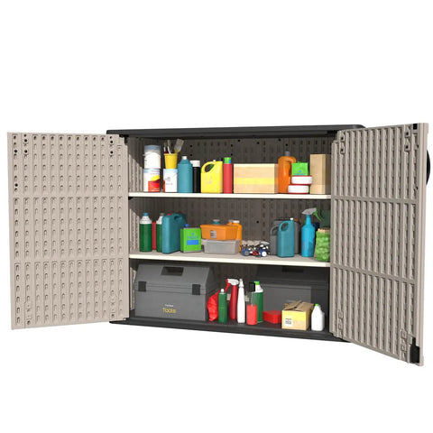 Beige Plastic Outdoor Storage Cabinet With Lockable Shed Waterproof All Weather Patio Tools Box 26 To 50 Cu Ft Capacity Two Shelf Garden Storage Unit For Your Yard Deck And Patio showing open shelves with items inside.