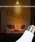 LED Smart Emergency Light Bulb in living room during power outage showcasing battery backup feature for 3-4 hour use