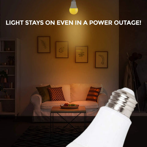 LED Smart Emergency Light Bulb in living room during power outage showcasing battery backup feature for 3-4 hour use