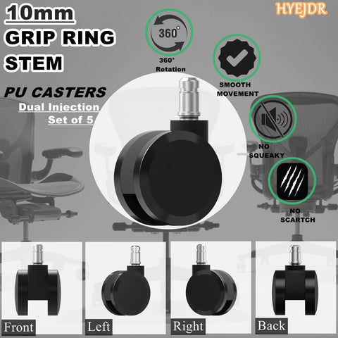 Silky Smooth Office Chair Casters With 10mm Stem And 22mm Shaft slick swivel rollers set of five, showing various angles and smooth design.