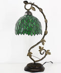 Green Tiffany Style Stained Glass Desk Lamp With Wisteria Pattern, 21 Inch Tall Table Light, Metal Leaf Base In Bronze Finish