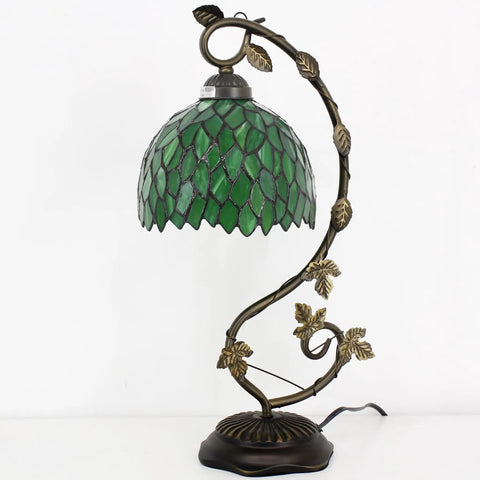 Green Tiffany Style Stained Glass Desk Lamp With Wisteria Pattern, 21 Inch Tall Table Light, Metal Leaf Base In Bronze Finish