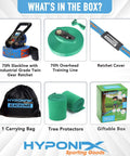 Ultimate 70 Foot Slackline Kit With Training Line For Backyard Fun contents including ratchet, training line, bag, and gift box