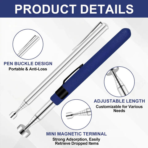 Dual Telescoping Magnetic Pickup Tool Set With 2Lb And 8Lb Magnets featuring adjustable stainless steel sticks and pen buckle design.