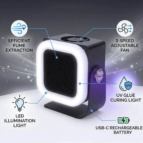 Solder Fume Extractor With 3W Glue Curing Light 15000RPM Soldering Fan showing features like 3-speed fan and activated carbon filter.