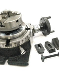 Beefy Pro Grade Milling Indexing Rotary Table 4 Inch 100mm with attached 65mm 3-Jaw Chuck, horizontal and vertical mounts visible.