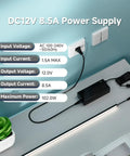 Universal 100-240V AC to 12V DC Power Supply Adapter 102W 8.5A ETL Listed on desk with connected LED strip light