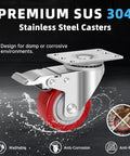 Stainless Steel 3 Inch Caster Wheels With Brakes Heavy Duty 304 Stainless Casters Set Of 4 Anti Corrosion Industrial Castors