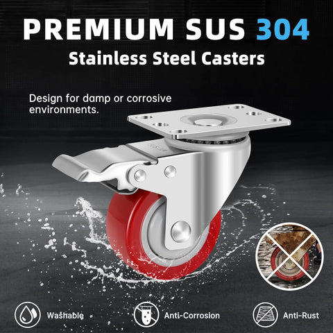 Stainless Steel 3 Inch Caster Wheels With Brakes Heavy Duty 304 Stainless Casters Set Of 4 Anti Corrosion Industrial Castors