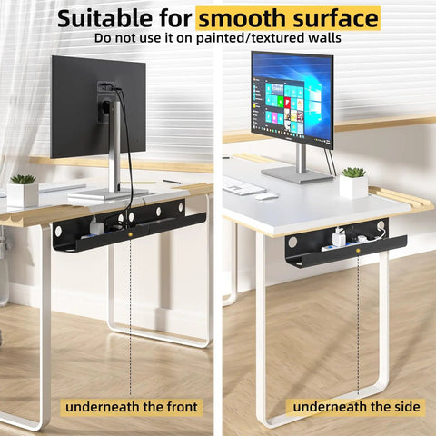 Under Desk Cable Management Tray 31.5 Inch Two Pack Cord Organizer in black installed under a desk with computer setup
