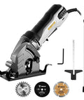 Compact Electric Mini Circular Saw With Adjustable Depth Dial And Three Heavy Duty Blades For Rip Through Wood Plastic And Soft Metal With No Sweat Precision, showcasing saw and blades.