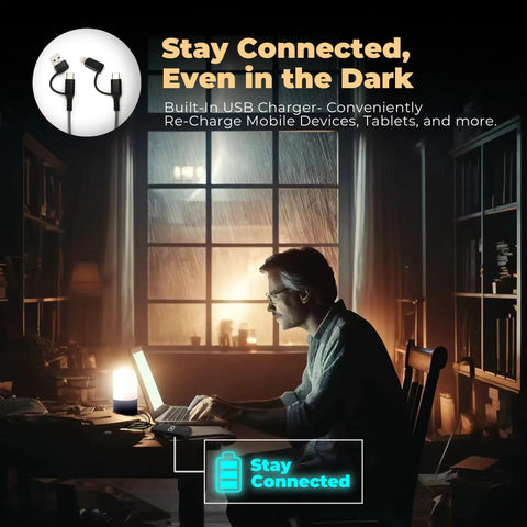 Man using Emergency Power Outage Lamp With Over 200 Hour Battery Life Rechargeable LED Lantern USB Charger 3 In 1 Cable indoors