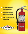Six Pack 5 Pound ABC Dry Chemical Fire Extinguishers With Wall Brackets For Home And Office Use showing metal valve and label