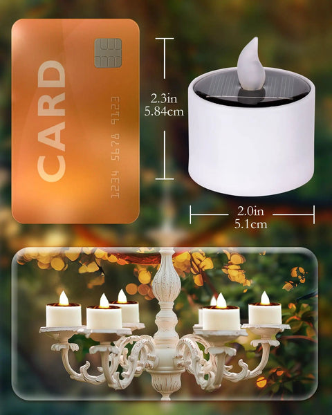 Solar Powered LED Tea Light Candles Pack Of 6 Waterproof Dusk To Dawn Auto On Reusable Outdoor Lights for Garden Lanterns, size comparison with card