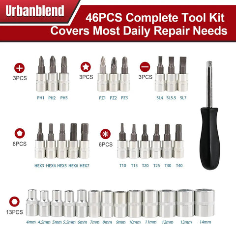 46 Piece Driver Sleeve Kit For One Quarter Inch Ratchet Wrench Set With Sockets Hex Sockets Driver Bits Extensions