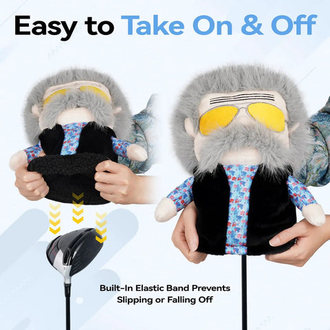Funny Golf Driver Headcover Inspired By Happy Gilmore For Standard 460cc Drivers, Dope Gift For Men And Women, Durable Embroidered Club Cover With Snug Fit, black with gray hair, yellow sunglasses, and floral shirt