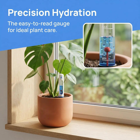 6 Piece Plant Pot Water Level Indicator Set With No Fuss Moisture Meter For Planters, Easy Watering Reminder Gauge, 180ml Capacity, 7.8 Inch, Prevent Overwatering And Underwatering In Your Home Garden. White plastic gauge in potted plant
