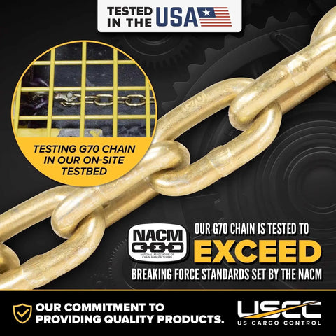 Heavy Duty Grade 70 Transport Chain 550 Foot Bulk Drum displayed with testing visuals in on-site testbed for secure cargo.