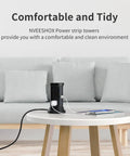 12 Outlets Tower Power Strip Surge Protector With 3 USB Ports Six And A Half Feet Cord on a living room table.