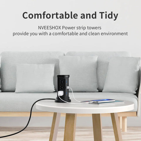 12 Outlets Tower Power Strip Surge Protector With 3 USB Ports Six And A Half Feet Cord on a living room table.