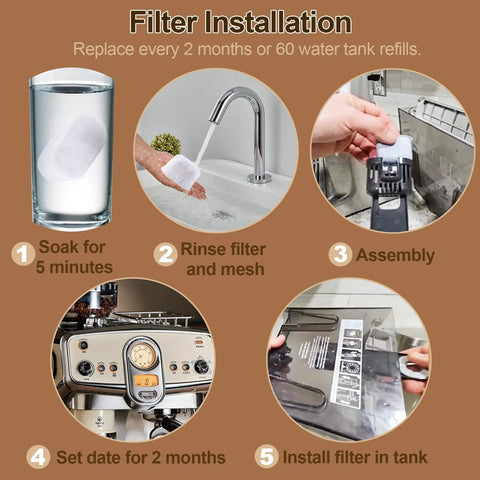 Five-step charcoal water filter installation guide for Breville Barista Express/Pro espresso machines