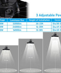 Three Power Modes Workhorse UFO LED High Bay Light Dimmable 0-10V 120-277V IP65 Aluminum power settings and coverage chart
