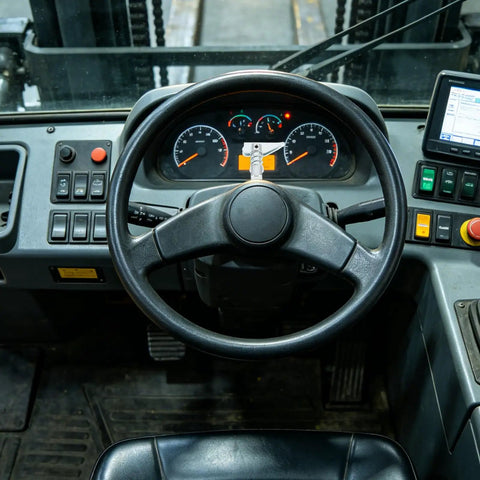 Heavy Duty 3 Ton Forklift Replacement Locating Pins With Large Base And Reinforced Zinc Plated Metal Structure To Stop Fork Drift And Secure Loads In Warehouse Settings For Industrial Use, detailed view of forklift control panel.