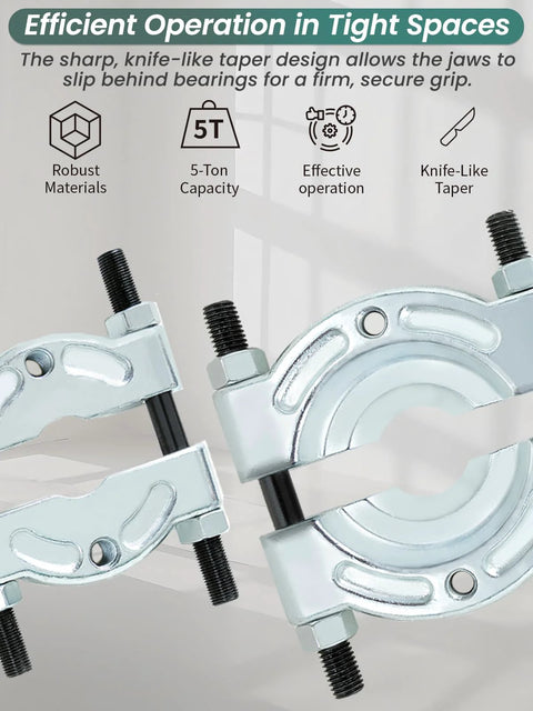 5 Ton Bearing Removal Puller Kit With 2 Inch And 3 Inch Jaws For Wheel Hub And Axle Bearing Separator, featuring strong, knife-like taper design for precise grip.