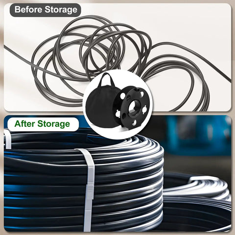 Before and after storage of cords with Portable Heavy Duty Cord Storage Reel with Center Rotating Handle, showing organized winding.
