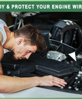 Person using 132 Ft Expandable Braided Cable Sleeve Kit With Four Size Set on car wires for protection